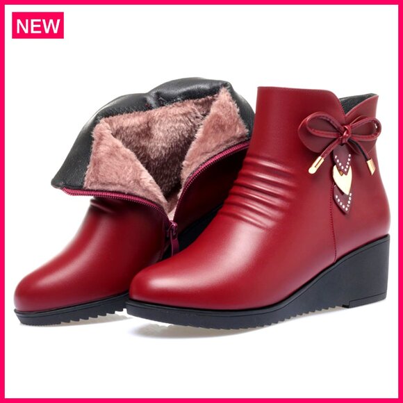 Wedge Heel Ankle Booties Faux Leather Platform Side Zipper Rhinestones Fur Lined